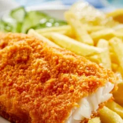 Tablas de filetes de pescado empanados con papitas fritas