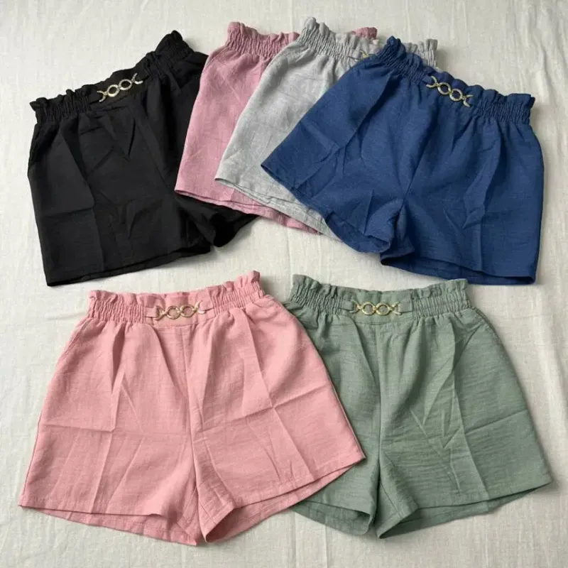 DY-Shorts de Lino Holgados con Detalle Dorado