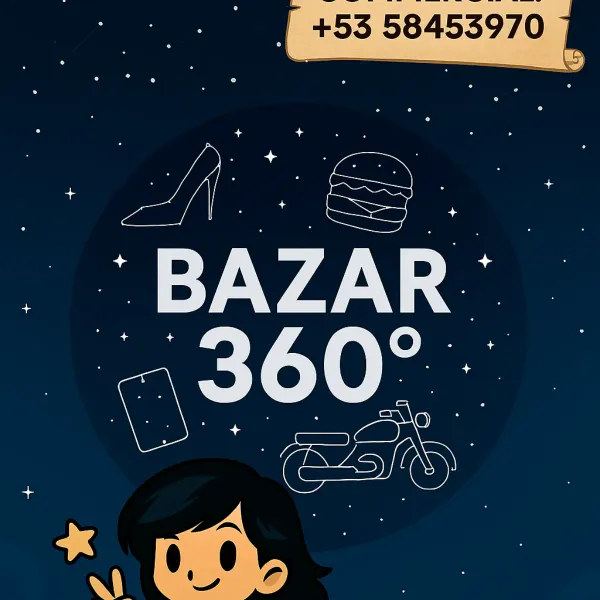 Bienvenido a BAZAR 360° 🌑
Imagina un recorrido panorámico🌐 donde cada producto orbita a tu alrededor ofreciéndote la mejor✅CALIDAD,💰PRECIO Y✨EXPERIENCIA. Eso le ofrecemos🎁 en nuestro BAZAR 360°, dándole cobertura total a todas sus necesidades, y a las que no sabia que tenia..... Hasta ahora🎯🚀
¿Qué puede encontrar aquí? 📜
-📱💻Dispositivos y 🎧🖱️artículos tecnológicos
-🛒Equipos electrodomésticos
-🥘Combos de comida
-🧶🎨Productos genéricos
Y hay mucho mas de donde vino eso.... 😏😉
Ofrecemos:
-🛡️Garantía 360° para todos los artículos
-🛵⚡Servicio de mensajería con tarifas fijas dependiendo del producto
-🛎️Atención personalizada de punta a punta
Le invitamos a que explore, elija y reciba la mejor experiencia....La experiencia 360°. Le agradecemos su confianza 🌑🌠