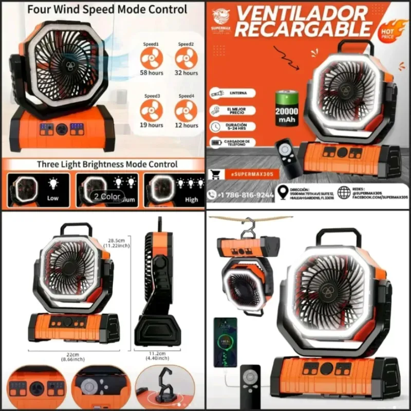 Ventilador Recargable con linterna,panel solar y mando