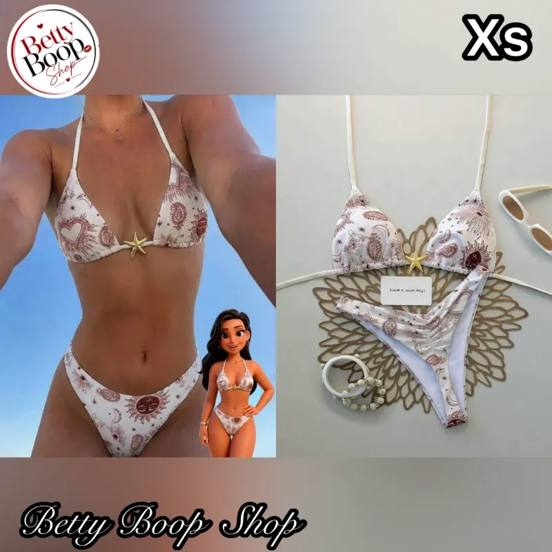 Bikini blanco hueso con estampado en rojo vino