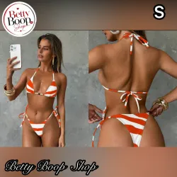 Bikini blanco y naranja estampado a rayas