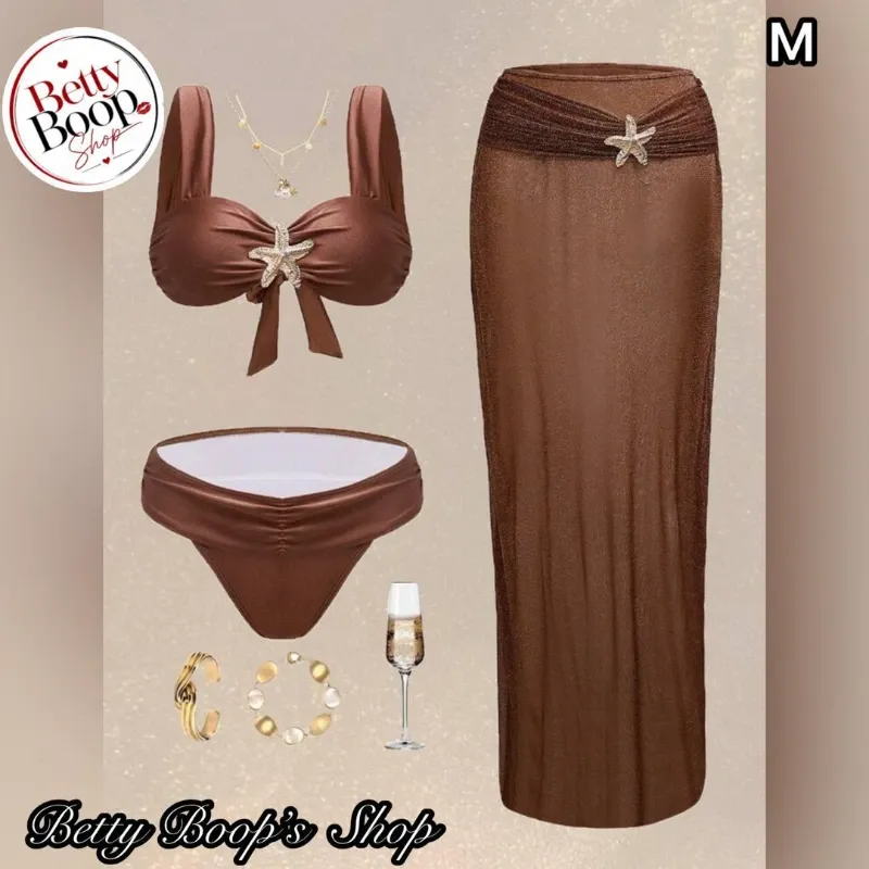 Bikini marrón satinado con estrella dorada y pareo