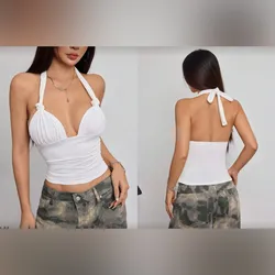 Blusa blanca con nudos y amarre al cuello