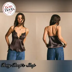 Blusa marrón polka dot con encajes negros