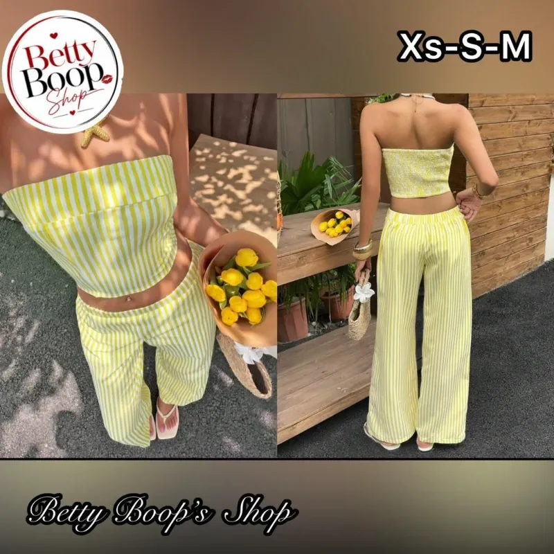 Conjunto amarillo pastel con estampado a rayas tendencia