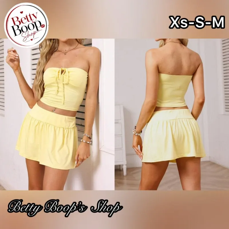 Conjunto amarillo pastel de top strapless y falda
