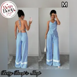 Conjunto azul a rayas con encajes en el falso