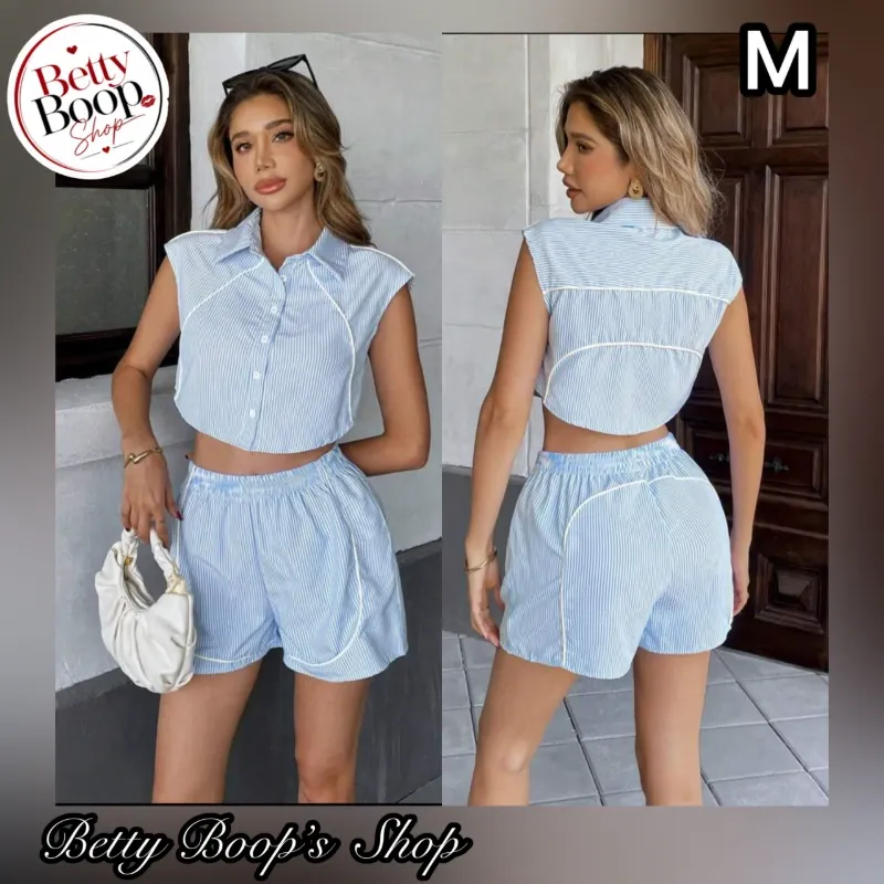 Conjunto azul claro a rayas sin mangas