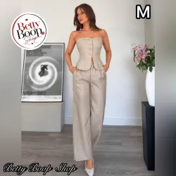 Conjunto beige de blusa strapless con botones