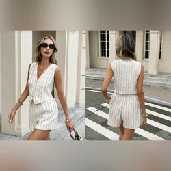 Conjunto beis de rayas de short corto y chaleco