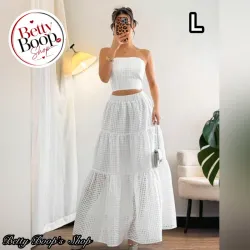 Conjunto blanco de top strapless y transparencias