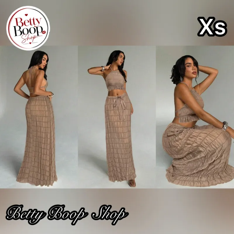 Conjunto caqui de tela fruncida estilo pareo