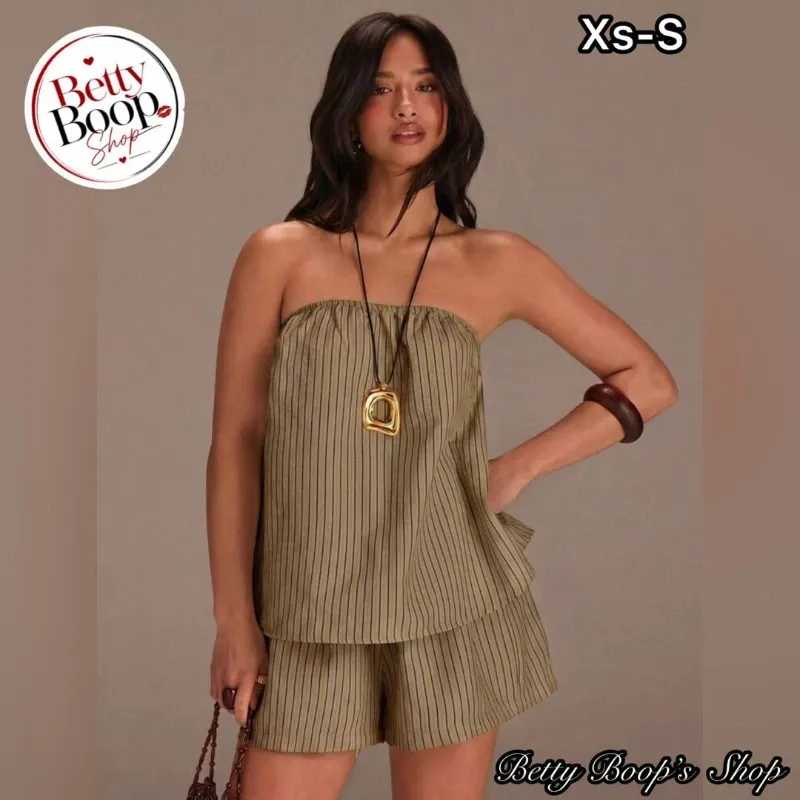 Conjunto caqui strapless ancho