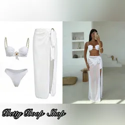 Conjunto de 3 piezas bikini blanco con saya pare