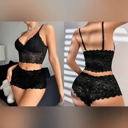 Conjunto de encaje negro top y blumer