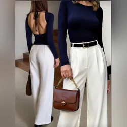 Conjunto de pantalón largo blanco y blusa azul