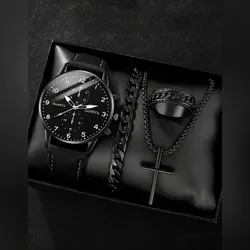 Conjunto negro de reloj, collar, pulsera y anillo