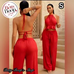 Conjunto rojo de top fruncido con espalda abierta