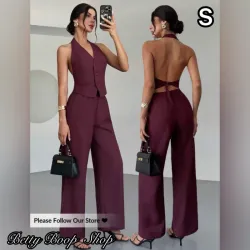Conjunto rojo vino de chaleco con espalda abierta y pantalón