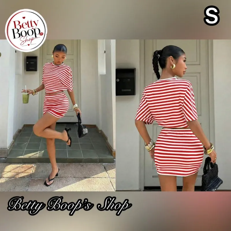 Conjunto rojo y blanco a rayas de blusa y falda