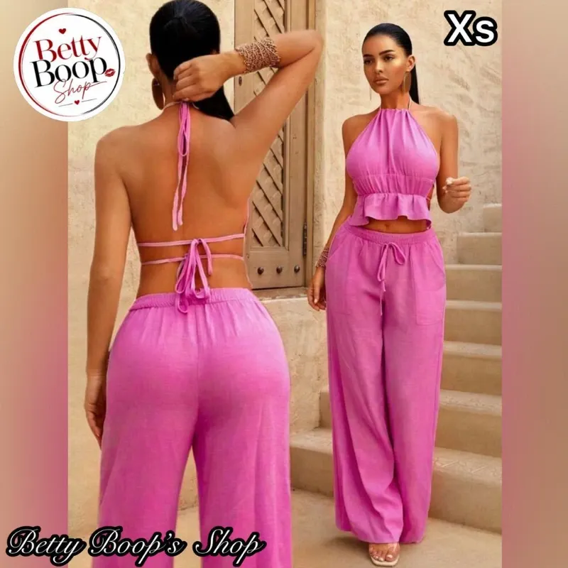 Conjunto rosa barbie con top de espalda afuera