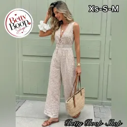 Enterizo beige estampado vichy con encaje en la cintura