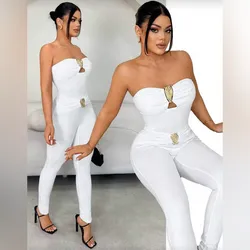 Enterizo largo blanco top con adornos dorados