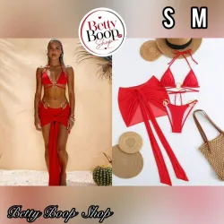 Juego de bikini rojo con saya corta pareo