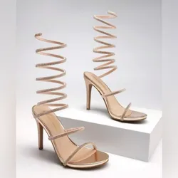 Sandalias de tacón alto con puntera abierta y decoración de strass, tacones altos de fiesta con espiral envolvente
