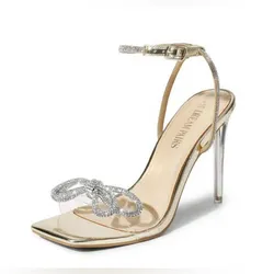 Sandalias de tacón con lazo, y decoración de lazo con punta cuadrada y correa de tobillo