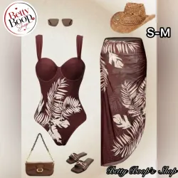 Trusa marrón con estampado de plantas y pareo