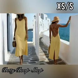 Vestido amarillo bohemio con tiras en espalda