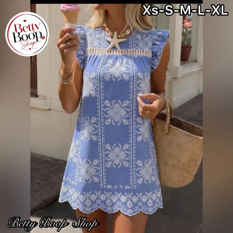 Vestido azul con estampado blanco corte recto y fresco