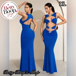 Vestido azul rey ajustado con aberturas y broches en espiral