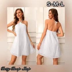 Vestido blanco fresco corte recto con atadura al cuello y encajes