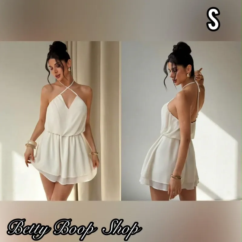 Vestido blanco hueso fresco y con amarre al cuello en cruz