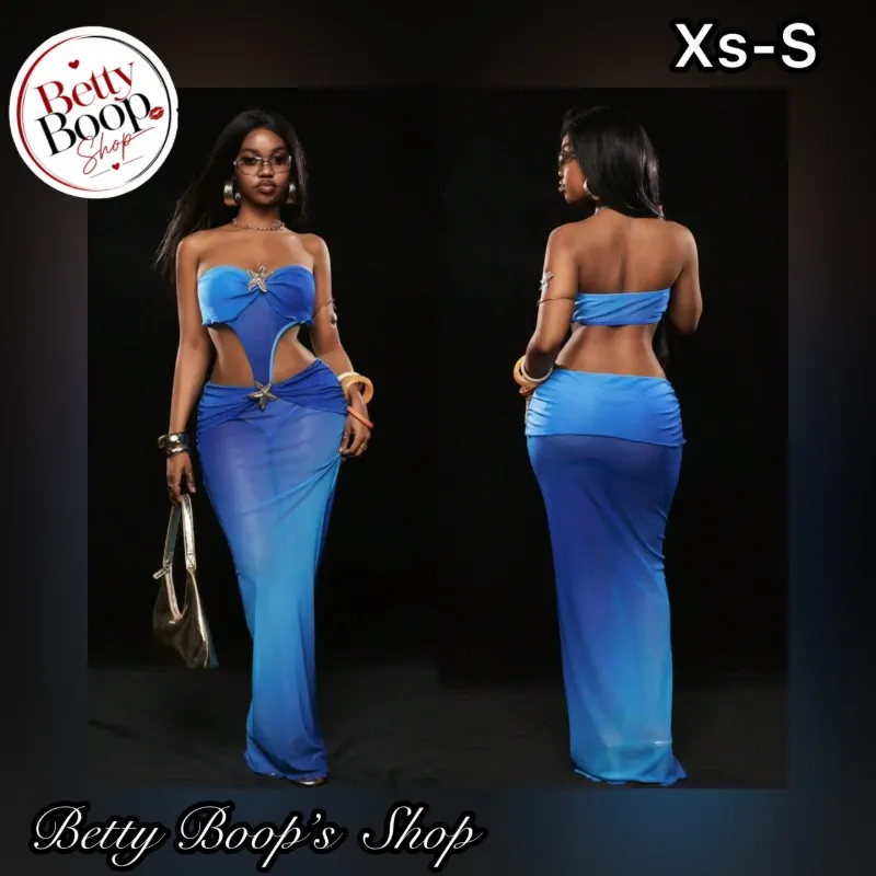 Vestido body azul con broches de estrella de mar y corte sirena