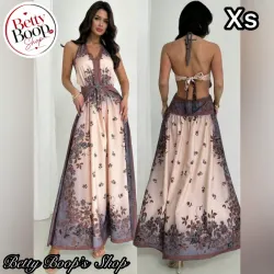 Vestido bohemio beige con estampado floral y espalda abierta
