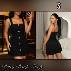 Vestido coqueto corto y negro con detalles dorados