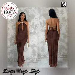 Vestido marrón japeado con escote abierto y detalle de concha