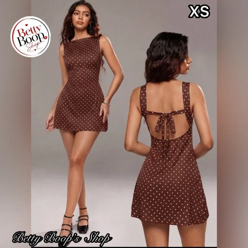 Vestido marrón satin con estampado polka dot y espalda abierta