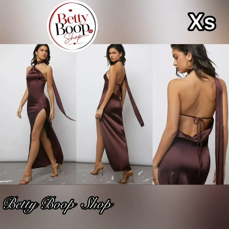 Vestido marrón satinado de amarre al cuello