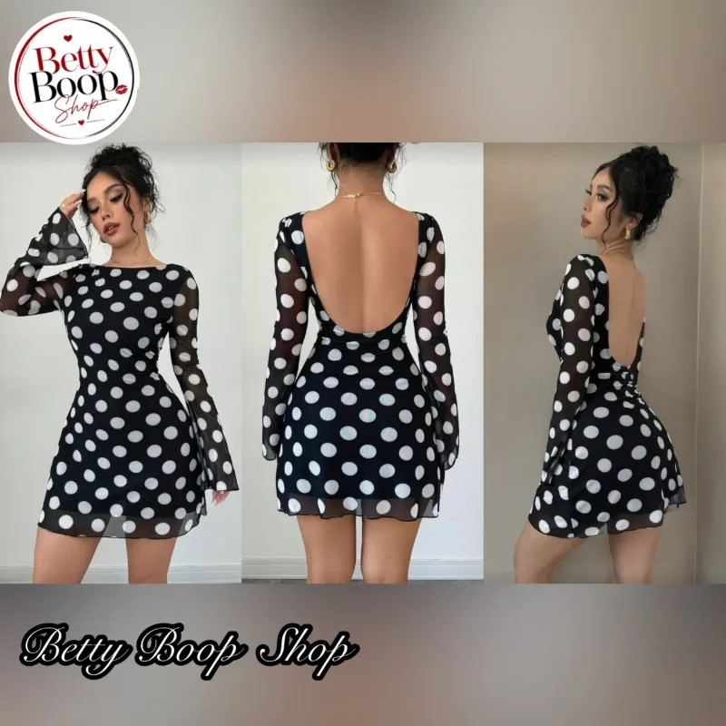 Vestido negro con estampado polka dot de mangas largas y espalda abierta