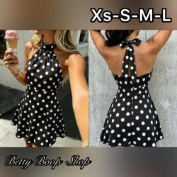 Vestido negro polka dot con amarre al cuello