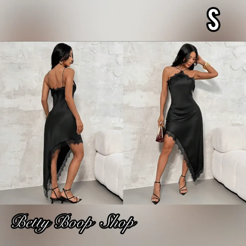 Vestido negro satinado asimétrico con amarre al cuello