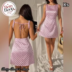 Vestido rosa satin con estampado polka dot y espalda abierta