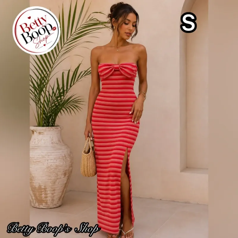 Vestido strapless a rayas rosado