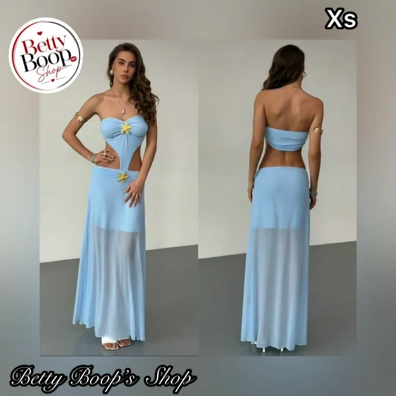 Vestido veraniego azul claro con estrellas de mar doradas