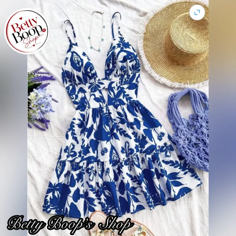 Vestido veraniego de tirantes blanco y azul con estampados